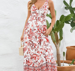 Printed V-Neck Wide Strap Dress