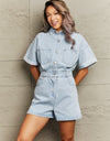 Collared Neck Denim Romper with Pockets