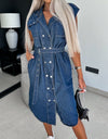 Collared Neck Cap Sleeve Denim Dress