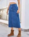 Slit Midi Denim Skirt with Pockets