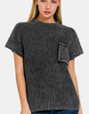 Zenana Pocketed Mock Neck Short Sleeve Sweater