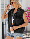 Pocketed Button Up Sleeveless Denim Jacket