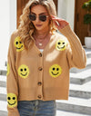 Smiley Face Ribbed Trim V-Neck Cardigan