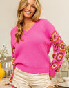 BiBi V-Neck Crochet Long Sleeve Sweater