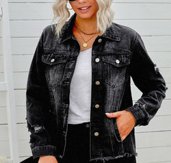 Distressed Raw Hem Denim Jacket