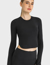 Side Slit Long Sleeve Round Neck Crop Top