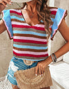 Ruffled Striped V-Neck Cap Sleeve Knit Top