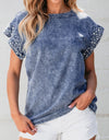 Pearl Trim Round Neck Cap Sleeve Denim Top