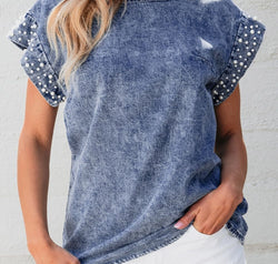 Pearl Trim Round Neck Cap Sleeve Denim Top