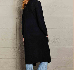 Waffle Knit Open Front Duster Cardigan With Pockets