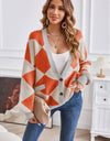 Geometric Lantern Sleeve Cardigan with Pockets