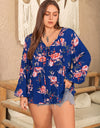 Plus Size Printed Tie Neck Balloon Sleeve Blouse