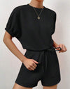 Waffle-Knit Round Neck T-Shirt and Pocketed Shorts Lounge Set