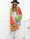 Color Block Open Front Balloon Sleeve Longline Cardigan