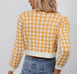 Plaid Buttoned Cropped Cardigan