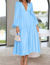 Deep V-Neck Balloon Sleeve Plain Maxi Dress