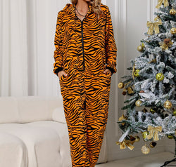 Animal Print  Zip Front Lounge Jumpsuit with Pockets