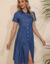 Short Sleeve Collared Button Down Denim Dress