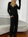 Shiny Long Sleeve V-Neck Jumpsuit with Pockets