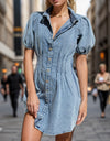 Button Up Puff Sleeve Denim Dress