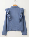 Ruffled Round Neck Long Sleeve Denim Top