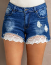 Spliced Lace Distressed Denim Shorts