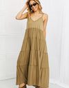 Zenana Full Size Spaghetti Strap Tiered Dress with Pockets in Khaki