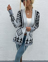 Geometric Fringe Hem Open Front Cardigan