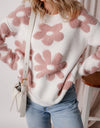 Flower Round Neck Long Sleeve Knit Top