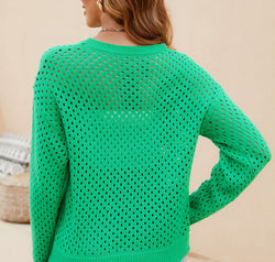 Round Neck Openwork Dropped Shoulder Knit Top