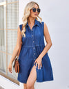 Button Up Collared Neck Sleeveless Denim Dress