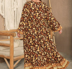 Plus Size Printed V-Neck Balloon Sleeve Dress