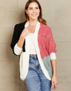 Woven Right Color Block Cable-Knit Batwing Sleeve Cardigan