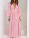 Deep V-Neck Balloon Sleeve Plain Maxi Dress