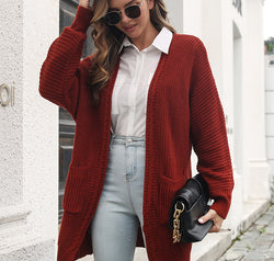 Open Front Rib-Knit Cardigan with Pockets