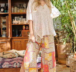 And The Why Printed Smocking Waist Side Slit Wide Leg Pants