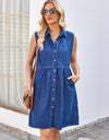 Button Up Collared Neck Sleeveless Denim Dress