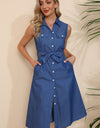 Button Front Belted Sleeveless Collared Shirt Dress