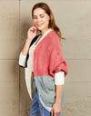 Woven Right Color Block Cable-Knit Batwing Sleeve Cardigan