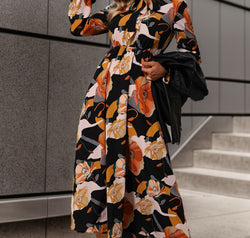 Printed Tie Neck Flounce Sleeve Dress