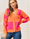 Woven Right Checkered V-Neck Dropped Shoulder Cardigan