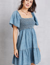 Smocked Square Neck Mini Denim Dress