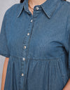 Button Up Collared Neck Tiered Denim Dress