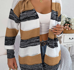 Openwork Striped Open Front Cardigan