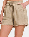 Zenana Washed Linen Frayed Hem Drawstring Shorts