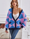 Geometric Lantern Sleeve Cardigan with Pockets