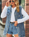 Collared Neck Sleeveless Denim Top with Pockets