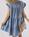 Ruffled Round Neck Cap Sleeve Denim Dress