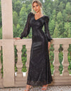 Sequin V-Neck Lantern Sleeve Maxi Dress