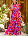 Full Size Printed Ruffled Mock Neck Tiered Dress